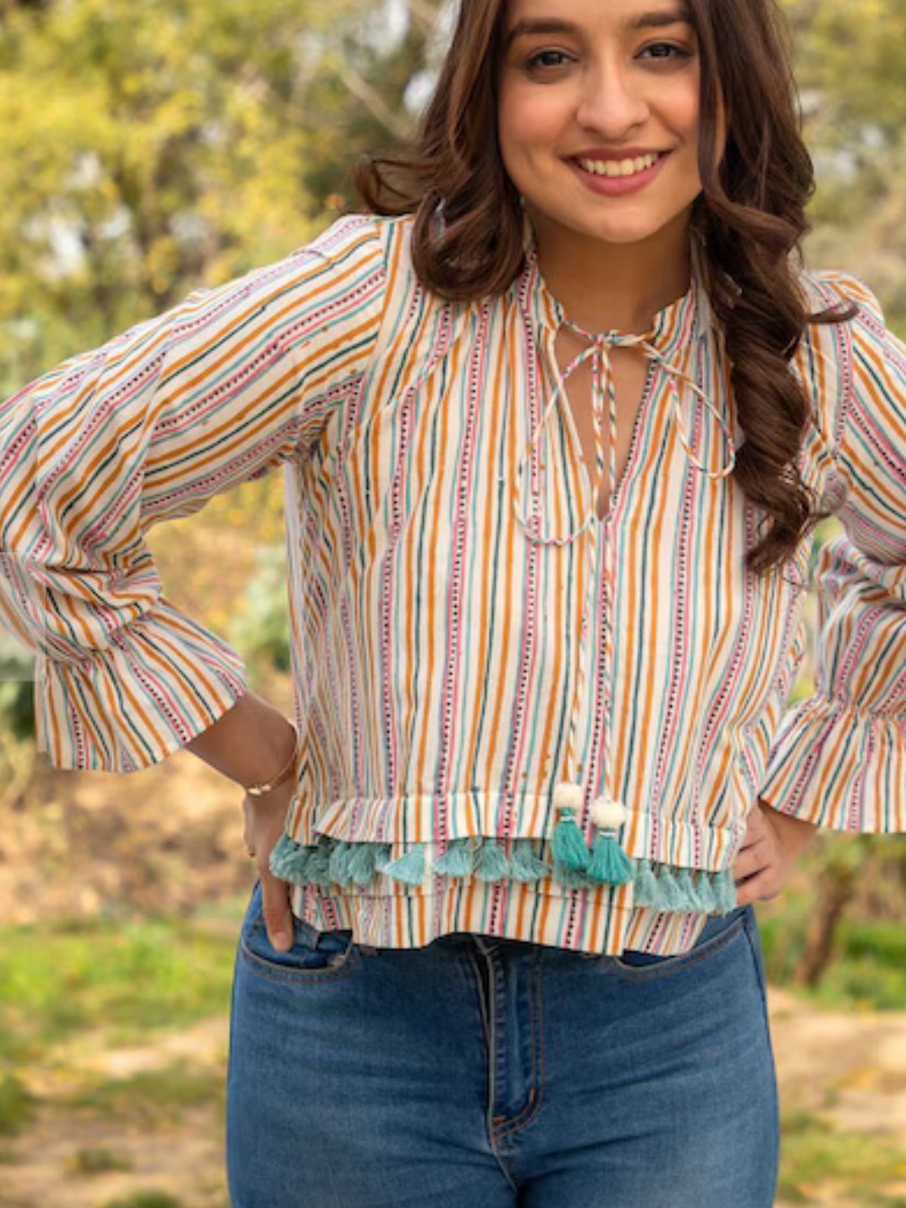 Anuvas Striped Tassel Tie-Neck Women’s Top In Multicolor